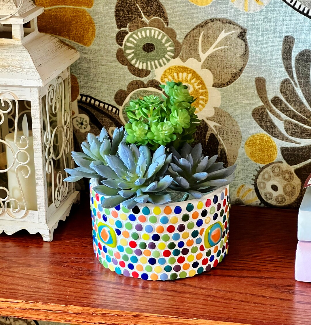 Polka Dot Indoor Plant Pot Ceramic Mosaic Tiles Fused Art Etsy