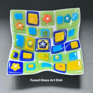 Fused glass art dish. Colorful art glass bowl. Geometric shapes on a handmade dish. Flowers. Fluted glass dish. Entertaining dishes. Foodie gift. Gift for mom. Green and blue dinnerware. Cottage core. Anniversary gift. Limited Edition.