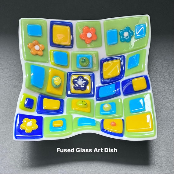 Fused Glass Art Dish: Geometric Colorful Home Decor