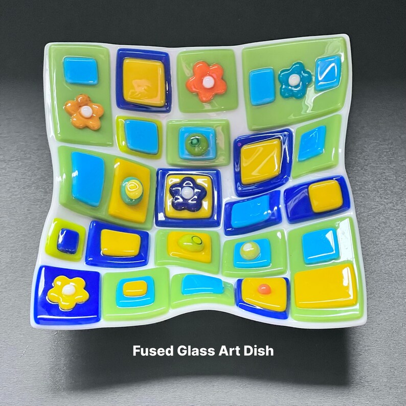 Fused glass art dish. Colorful art glass bowl. Geometric shapes on a handmade dish. Flowers. Fluted glass dish. Entertaining dishes. Foodie gift. Gift for mom. Green and blue dinnerware. Cottage core. Anniversary gift. Limited Edition.