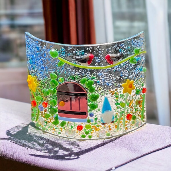 Garden Gnome | Fused Glass Tea Light | Summer Flower Garden Suncatcher | Birthday Gift | Candle Shield | Gift for Her | Housewarming Gift