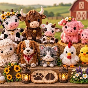 May include: A collection of crocheted farm animal plushies including a cow, bull, calf, pig, piglet, sheep, dog, cat, chicken, and chick. The set features miniature accessories like sunflowers, lanterns, baskets, and a sign reading Farm Friends.