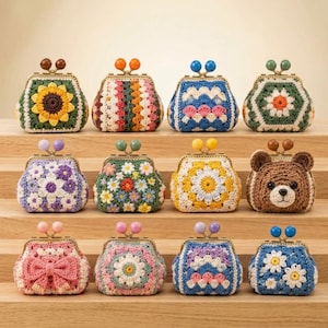 May include: A collection of twelve small crochet coin purses with metal kiss-lock frames and dual spherical beads. Designs include floral patterns, geometric shapes, a brown bear face, and a pink bow, featuring various colours like yellow, blue, and green.
