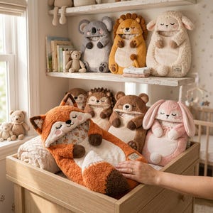 Könnte beinhalten: Eine Sammlung von plüschigen Tier-Kapuzendecken und kleinen Stofftieren. Die Decken zeigen Designs von Fuchs, Koala, Löwe, Schaf, Igel, Bär und Hase. Jede Decke hat eine weiche, strukturierte Oberfläche und eine Kapuze mit gestickten Gesichtsmerkmalen.