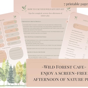 Könnte beinhalten: Druckbares Wild Kitchen Kit mit 7 Seiten, darunter eine Speisekammerliste, ein Gästebestellformular und Anweisungen. Das Design hat ein Waldthema mit weichen rosa und grünen Akzenten und den Text "Wild Forest Cafe".