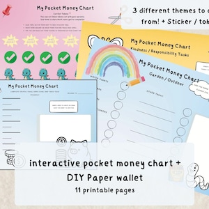 Pocket Money Chart-Printable Kids Allowance Tracker, Chore & Reward Chart,Goal Tracker, Stickers,DIY Wallet, Educational;3PDFs 11 pages each