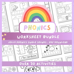 以下が含まれることがあります： 虹のグラフィックと「PHONICS」の文字が特徴の、フォニックス学習用ワークシートバンドル。ワークシートには、イラストや穴埋め問題など、30以上の単音アクティビティが含まれています。「WORKSHEET BUNDLE」の文字も表示されています。