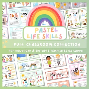 Könnte beinhalten: Eine Sammlung von Lernpostern in Pastellfarben für ein Klassenzimmer. Die Poster behandeln Themen wie Essen, Wetter und den menschlichen Körper. Der Text "PASTEL LIFE SKILLS" wird mit einer Regenbogen-Grafik angezeigt. Als PDF-Download verfügbar.