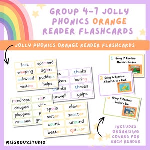 Tarjetas didácticas de lectura naranja de Jolly Phonics – Grupos 4-7, aula pastel (Descarga en PDF)