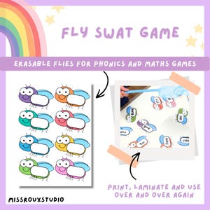Może przedstawiać: Edukacyjna gra "Fly Swat Game" z wymazywalnymi muchami do gier fonetycznych i matematycznych. Obraz przedstawia ilustrowane muchy w różnych kolorach i packę na muchy. Tekst brzmi "Drukuj, laminuj i używaj w kółko."