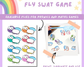 May include: A colorful educational game set with the text "FLY SWAT GAME". The set includes illustrated, erasable flies for phonics and math games. The image shows the flies and a person using a fly swatter. The text says "Print, laminate and use over and over again".