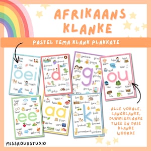 May include: A collection of pastel-themed Afrikaans phonics posters. Each poster features a different vowel sound, with corresponding words and illustrations. The posters are designed for educational purposes, with a rainbow and stars in the background.