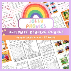 May include: Educational resources for children, including worksheets and flashcards. The image features the text "JOLLY PHONICS ULTIMATE READING BUNDLE" and a rainbow graphic. The text "ORANGE READERS - ALL 21 BOOKS" is also visible.