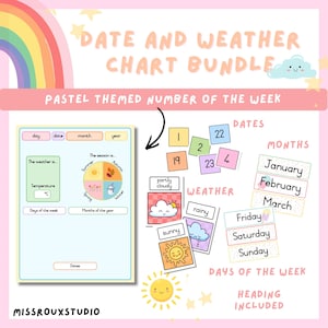 Op de afbeelding: Een pastelkleurig datum- en weerkaartenpakket met een regenboog en een lachende zon. Bevat een grafiek, weerkaarten, datumgetallen en maand- en daglabels. De tekst luidt "Date and Weather Chart Bundle" en "Pastel Themed Number of the Week."
