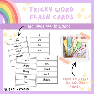 Op de afbeelding: Een set "Tricky Word Flash Cards" met de tekst "Includes All 72 Words". De kaarten zijn wit met zwarte tekst, en sommige worden weergegeven op een foto met gekleurd papier. De afbeelding bevat ook de tekst "Easy to Print on Colour Paper".