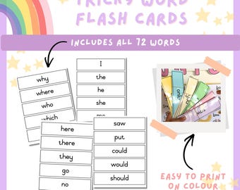 May include: A collection of "Tricky Word Flash Cards" with the text "Includes All 72 Words". The cards are white with black text, and some are displayed in a photo with colorful paper. The image also includes the text "Easy to Print on Colour Paper".