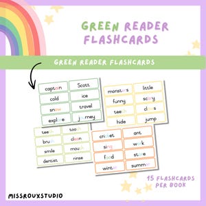 Könnte beinhalten: Lehrkarten für junge Leser. Die Karten zeigen Wörter wie "Kapitän", "kalt" und "Schnee", mit einem Regenbogen und Sternen im Hintergrund. Der Text "Green Reader Flashcards" wird oben angezeigt.