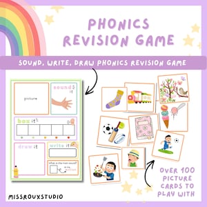 Op de afbeelding: Een fonetisch revisiespel met een regenboog- en sterontwerp. De game bevat een werkblad met secties voor schrijven, tekenen en het identificeren van geluiden, plus meer dan 100 plaatjeskaarten. De tekst op de afbeelding luidt "Phonics Revision Game".