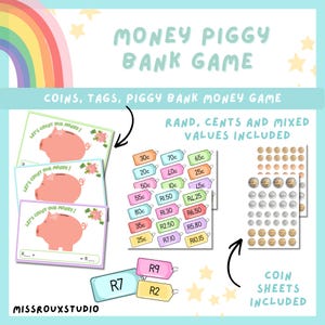 Pode incluir: Um jogo educativo colorido com o texto "MONEY PIGGY BANK GAME". O jogo inclui cartões com porquinhos, etiquetas de preços com vários valores e folhas de moedas. O jogo foi concebido para ensinar as crianças sobre dinheiro.