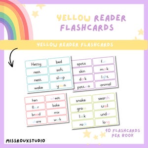 Pode incluir: Um conjunto de cartões coloridos para leitores iniciantes. Os cartões estão dispostos em grupos, cada um com uma borda de cor diferente. O texto "YELLOW READER FLASHCARDS" está no topo. A imagem inclui o texto "10 FLASHCARDS PER BOOK".