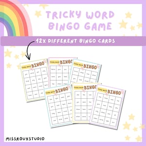 May include: A Tricky Word Bingo Game with 12 different bingo cards. The cards are white with a grid of words, and the game's title is in purple. The background is light purple with star and rainbow accents.