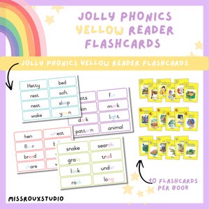 Puede incluir: Juego de tarjetas didácticas para la lectura temprana. La imagen muestra tarjetas de palabras y libros de tarjetas didácticas. Las tarjetas didácticas incluyen palabras como "Hetty", "bed", "soft" y "wake". El texto "JOLLY PHONICS YELLOW READER FLASHCARDS" también es visible.