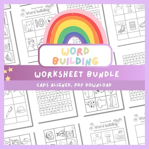 May include: A worksheet bundle with the text "Word Building" and "Worksheet Bundle". The worksheets feature illustrations of objects and words. A rainbow graphic is at the top. The text "CAPS ALIGNED, PDF DOWNLOAD" is also visible.