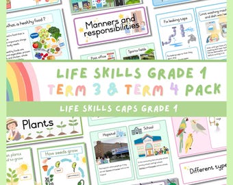 May include: A collection of educational flashcards for Grade 1 Life Skills, featuring topics like food, water, manners, and plants. The cards have colorful illustrations and text, including "Life Skills Grade 1 Term 3 & Term 4 Pack."