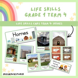 Puede incluir: Tarjetas educativas para Habilidades para la Vida de 1er grado, tema casas. Las tarjetas muestran diferentes tipos de viviendas, como una casa flotante y pisos, y materiales de construcción como ladrillos y madera. El texto incluye "Homes" y "¿De qué están hechas las casas?"