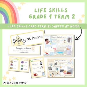 May include: Educational poster set for Grade 1, Term 2, focusing on life skills and safety at home. Includes illustrations and text about dangers, bathroom, and kitchen safety, and emergency numbers.