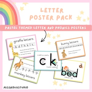 May include: Pastel-themed letter poster pack featuring educational cards with animal illustrations. The cards include the alphabet, words, and phrases like "giraffe letters," "bunny letters," and "monkey letters." The background is light pink with a rainbow and stars.