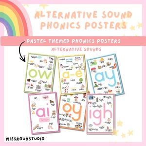 May include: Pastel-themed phonics posters with alternative sound examples. The posters feature words like "ow," "ai," and "oy," with colorful illustrations and text. The background is a soft pink with a rainbow and stars.