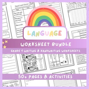 Puede incluir: Un paquete de hojas de trabajo de escritura y caligrafía de primer grado. La portada presenta un arcoíris sobre la palabra "LANGUAGE" y el texto "WORKSHEET BUNDLE". El paquete incluye más de 50 páginas de actividades.