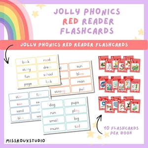 May include: Educational flashcards for early readers. The image shows sets of flashcards with words like "book," "read," and "story." The text "JOLLY PHONICS RED READER FLASHCARDS" is displayed. The image also includes a rainbow graphic and the text "10 FLASHCARDS PER BOOK."