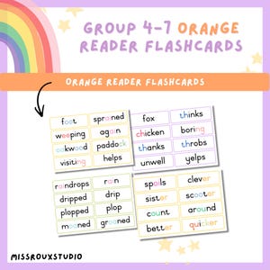 Puede incluir: Tarjetas de lectura naranjas para los grupos 4-7, con palabras como "foot", "sprained" y "fox". Las tarjetas están sobre un fondo morado claro, con un arcoíris y estrellas. El texto "ORANGE READER FLASHCARDS" es visible.