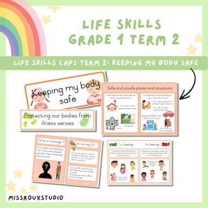 Puede incluir: Carteles educativos para Habilidades para la Vida de 1er grado, Trimestre 2, enfocados en la seguridad corporal. Los carteles cubren temas como lugares seguros, extraños y sentimientos. Se utilizan ilustraciones coloridas y texto.