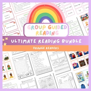 May include: Educational resources for children, including worksheets, flashcards, and a rainbow design. The text reads "Group Guided Reading," "Ultimate Reading Bundle," and "Orange Readers." These materials are designed to support early literacy skills.