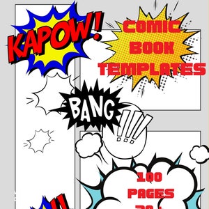 Op de afbeelding: Comicboek sjablonen met kleurrijke spraakballonnen die "Kapow!" "Bang!" "Pow!" en "Comicboek sjablonen" zeggen. De afbeelding bevat ook een spraakballon die "100 pagina's 20+ sjablonen" zegt.