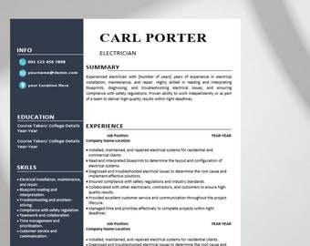 Peut inclure: Un modèle de CV noir et blanc avec le nom Carl Porter en haut. Le CV liste l'expérience professionnelle, l'éducation, les compétences et les certifications.