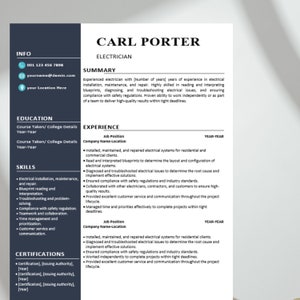 May include: A black and white resume template with the name Carl Porter at the top. The resume lists work experience, education, skills, and certifications.