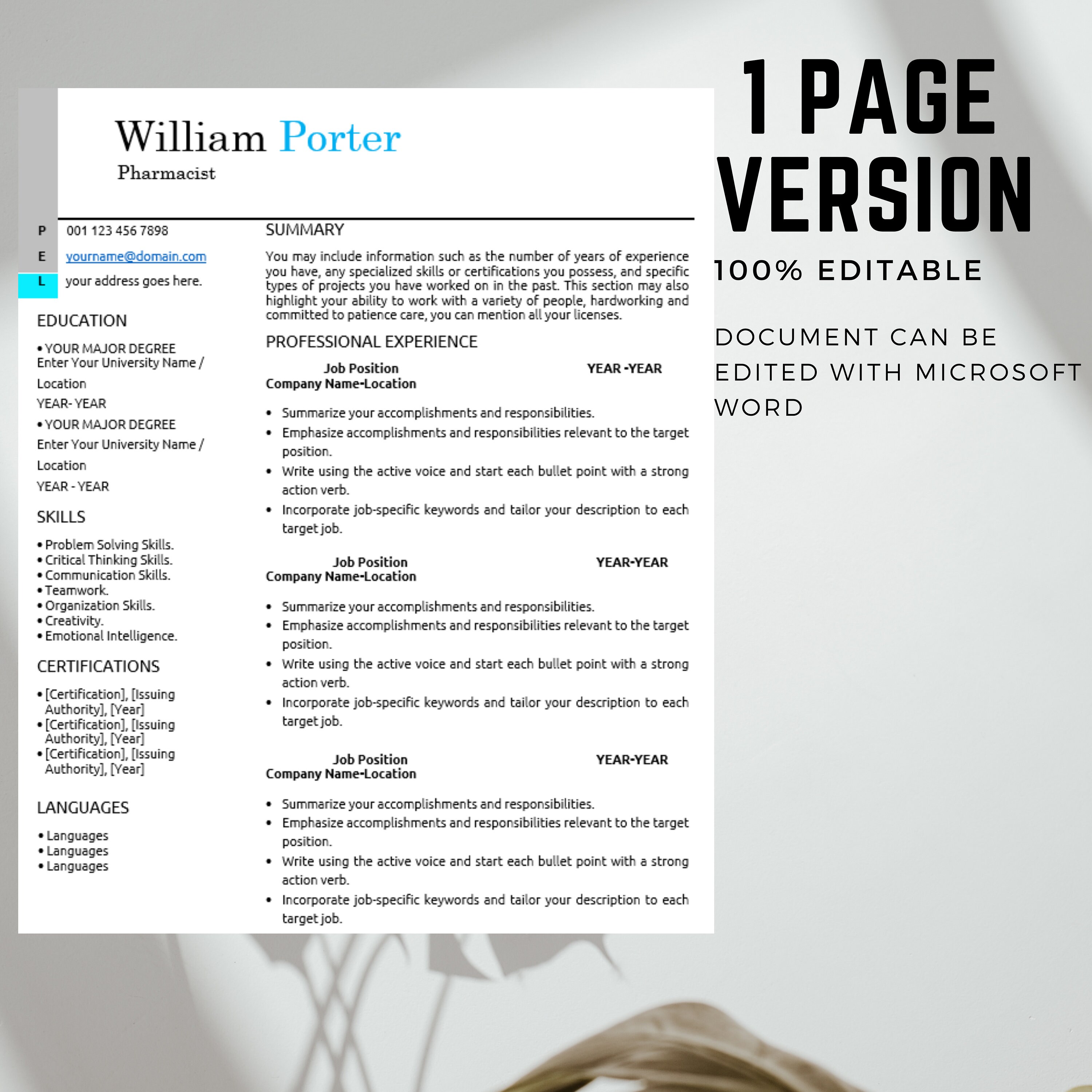 Pharmacist CV Template Modern Resume Template in Word Creative Resume