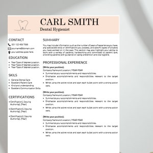 Modello di CV per igienista dentale Modello moderno in Word Esempio di curriculum per assistente dentale Modello di CV professionale Tutto, curriculum facile da personalizzare