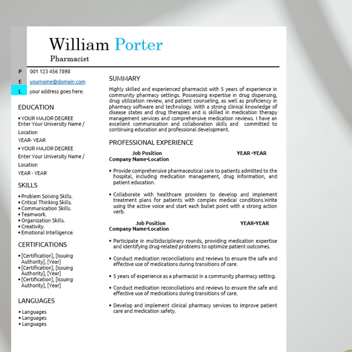 Pharmacist CV Template Modern Resume Template in Word Creative Resume ...