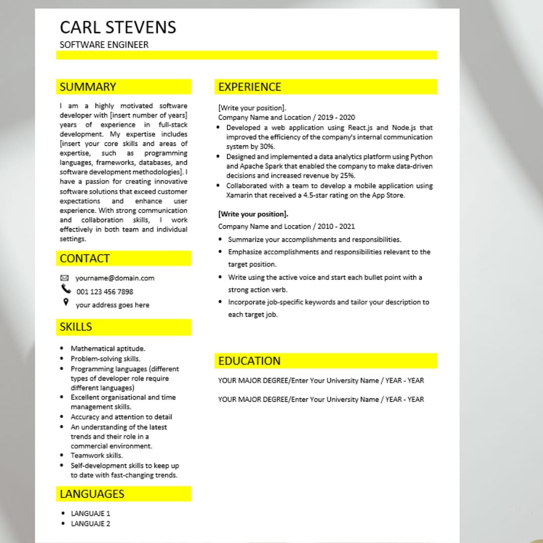 Software Developer CV Template Modern Template in Word-minimalist