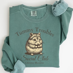 May include: A light green sweatshirt with a brown graphic of a hamster and the text "Tummy Troubles Social Club Lifetime Member".