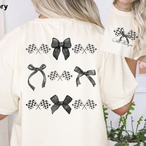Custom Name Coquette Racing Comfort Colors Shirt,Checkered Flag Tee, Coquette Aesthetic, Soft Girl Era Tshirt,Girlie Girl Shirt,Ribbon Shirt