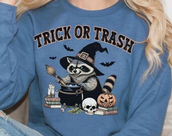 Raccoon Halloween Sweatshirt,Retro Raccoon Crewneck,Halloween Raccoon Shirt,Funny Witch Shirt,Cute Spooky Season Pullover,Funny Animal Shirt