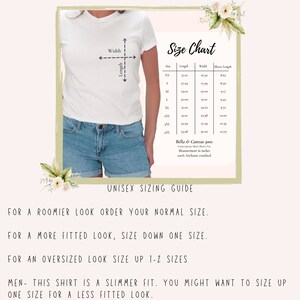 Peut inclure: Un tableau des tailles pour t-shirts unisexes avec des mesures en pouces. Le tableau indique la longueur, la largeur et la longueur des manches pour les tailles XS &agrave; 6XL. Le texte "Bella + Canvas 3001" est visible en bas du tableau. Le tableau est entour&eacute; d'un fond blanc avec des accents floraux.