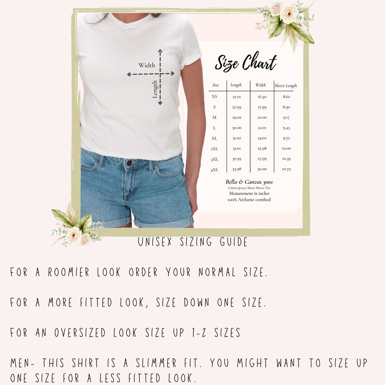 Peut inclure: Un tableau des tailles pour t-shirts unisexes avec des mesures en pouces. Le tableau indique la longueur, la largeur et la longueur des manches pour les tailles XS &agrave; 6XL. Le texte "Bella + Canvas 3001" est visible en bas du tableau. Le tableau est entour&eacute; d'un fond blanc avec des accents floraux.