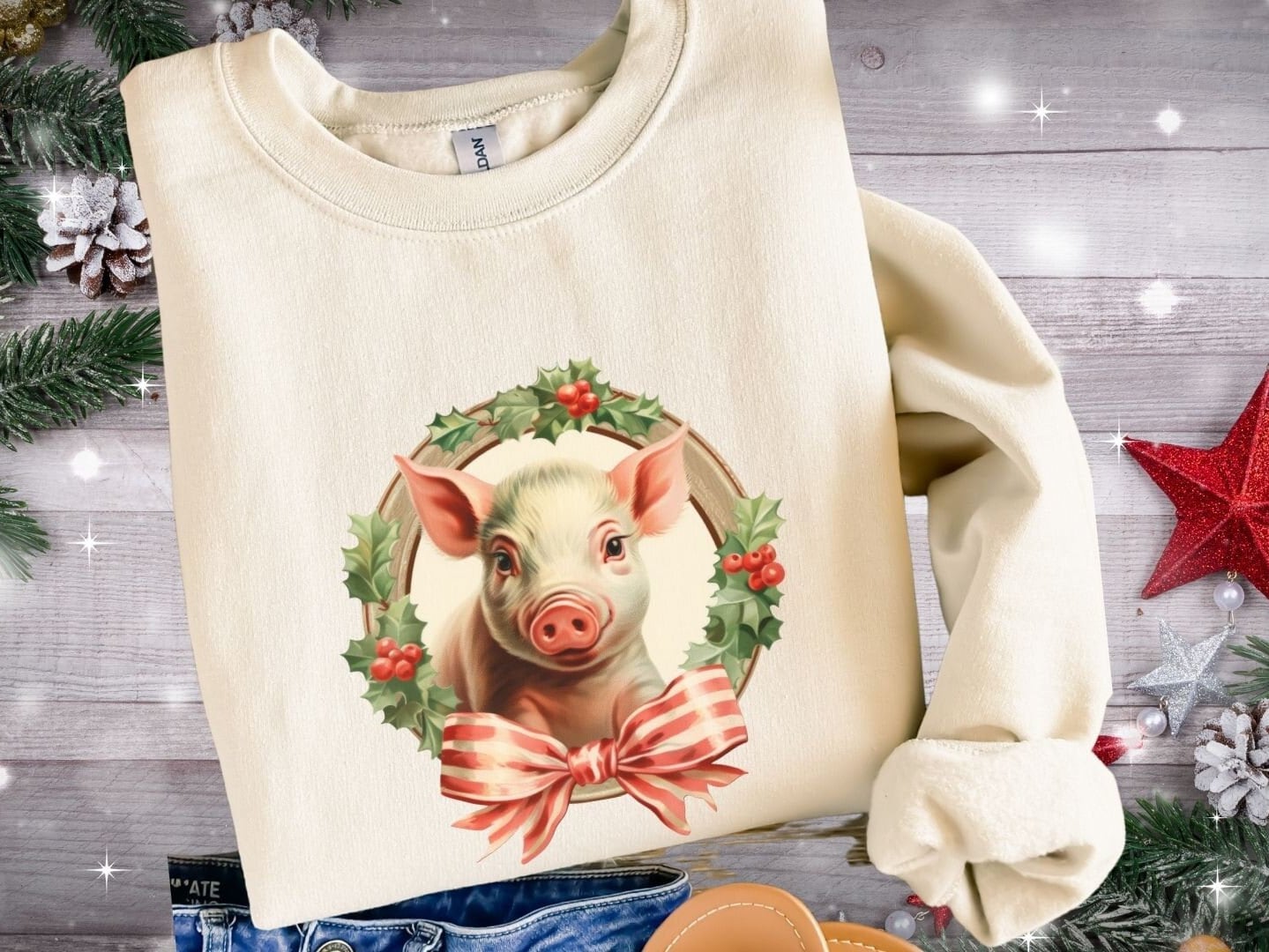 Women's Merry Christmas Lights Pig Sweatshirt – Long Sleeve Holiday Pullover, Funny Xmas Design